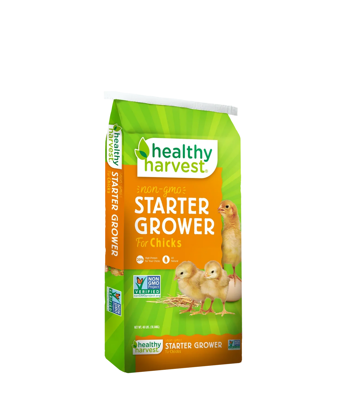 Hatching Time Healthy Harvest Non-GMO Chick Starter Feed, 20% protein, available in 5, 20, and 40 lb bags.