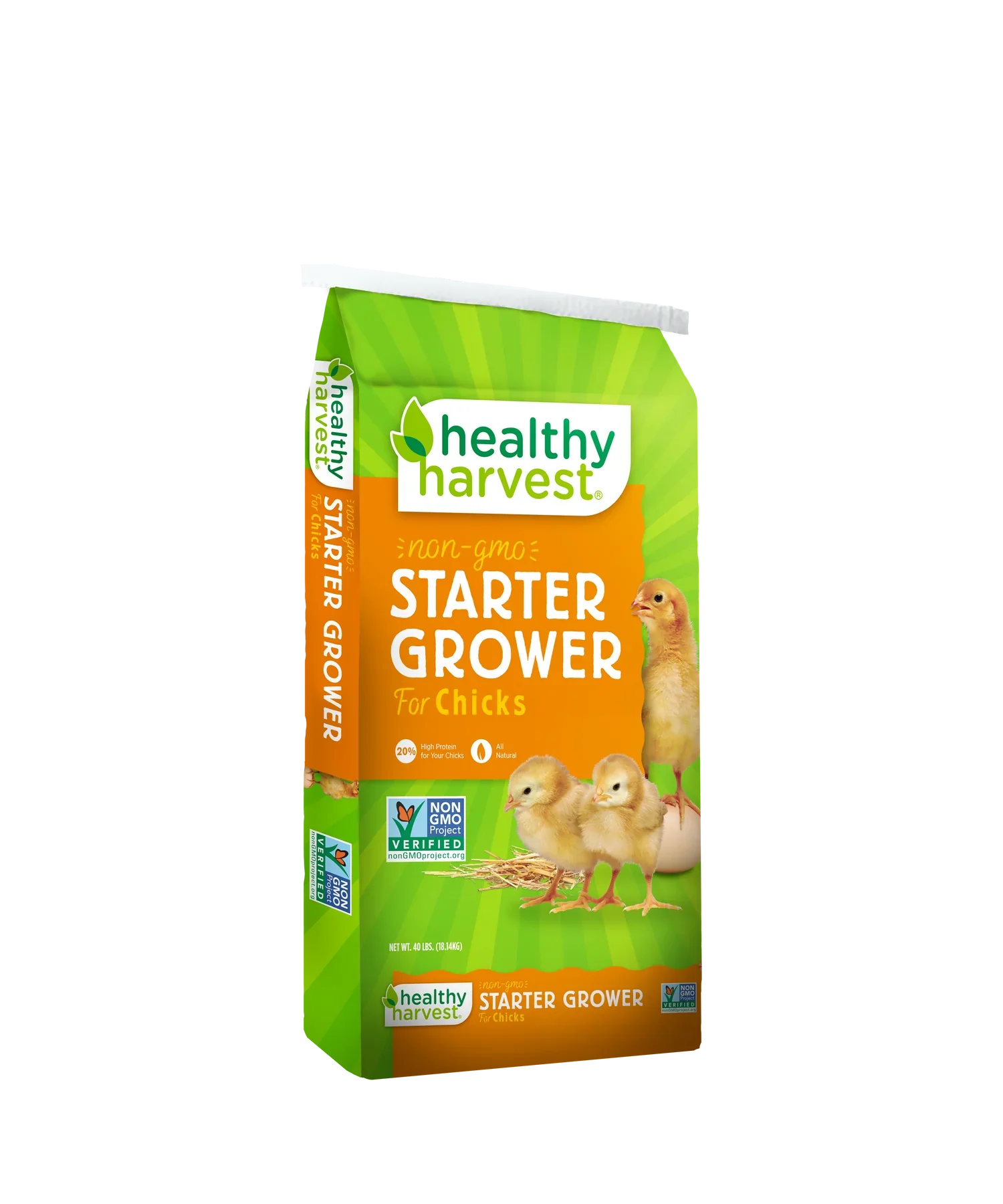 Hatching Time Healthy Harvest Non-GMO Chick Starter Feed, 20% protein, available in 5, 20, and 40 lb bags.