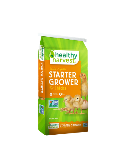 Hatching Time Healthy Harvest Non-GMO Chick Starter Feed, 20% protein, available in 5, 20, and 40 lb bags.