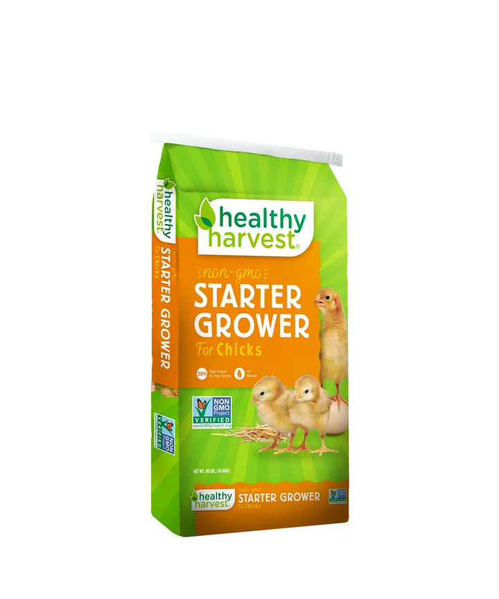 Hatching Time Healthy Harvest Non-GMO Chick Starter Feed, 20% protein, available in 5, 20, and 40 lb bags.