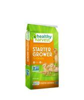 Hatching Time Healthy Harvest Non-GMO Chick Starter Feed, 20% protein, available in 5, 20, and 40 lb bags.
