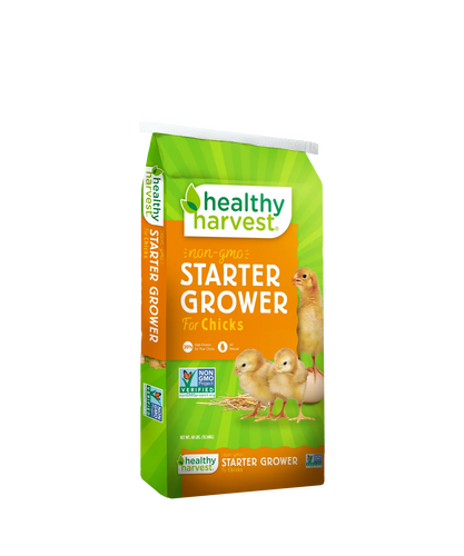 Hatching Time Healthy Harvest Non-GMO Chick Starter Feed, 20% protein, available in 5, 20, and 40 lb bags.