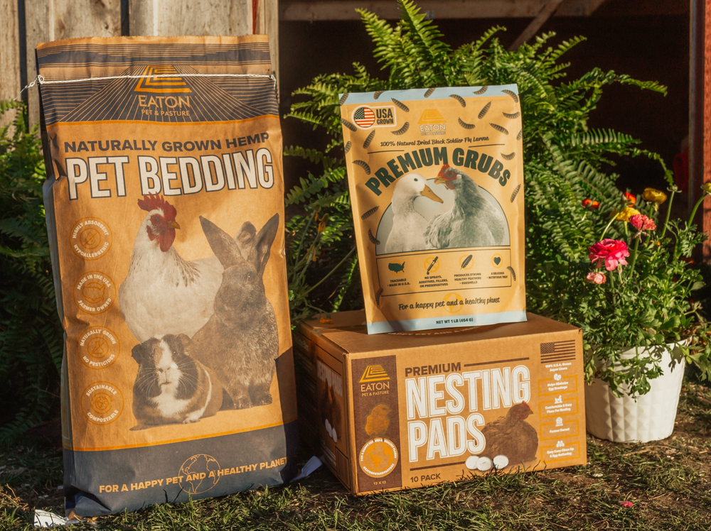 Premium hemp bedding, nesting pads, and chicken grubs by Eaton Pet and Pasture for backyard chickens.