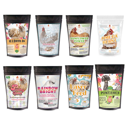Dahlia Pets Chicken Treat Sampler Bundle featuring 8 Non-GMO treats in resealable pouches, 10 pounds total.