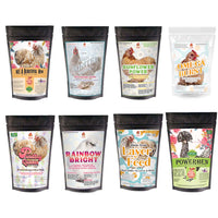 Dahlia Pets Chicken Treat Sampler Bundle featuring 8 Non-GMO treats in resealable pouches, 10 pounds total.