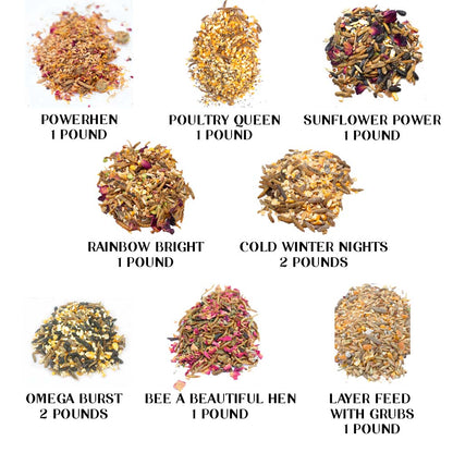 Dahlia Pets Chicken Treat Sampler Bundle with 8 Non-GMO treats, including Powerhen, Poultry Queen, and more, 10 pounds total