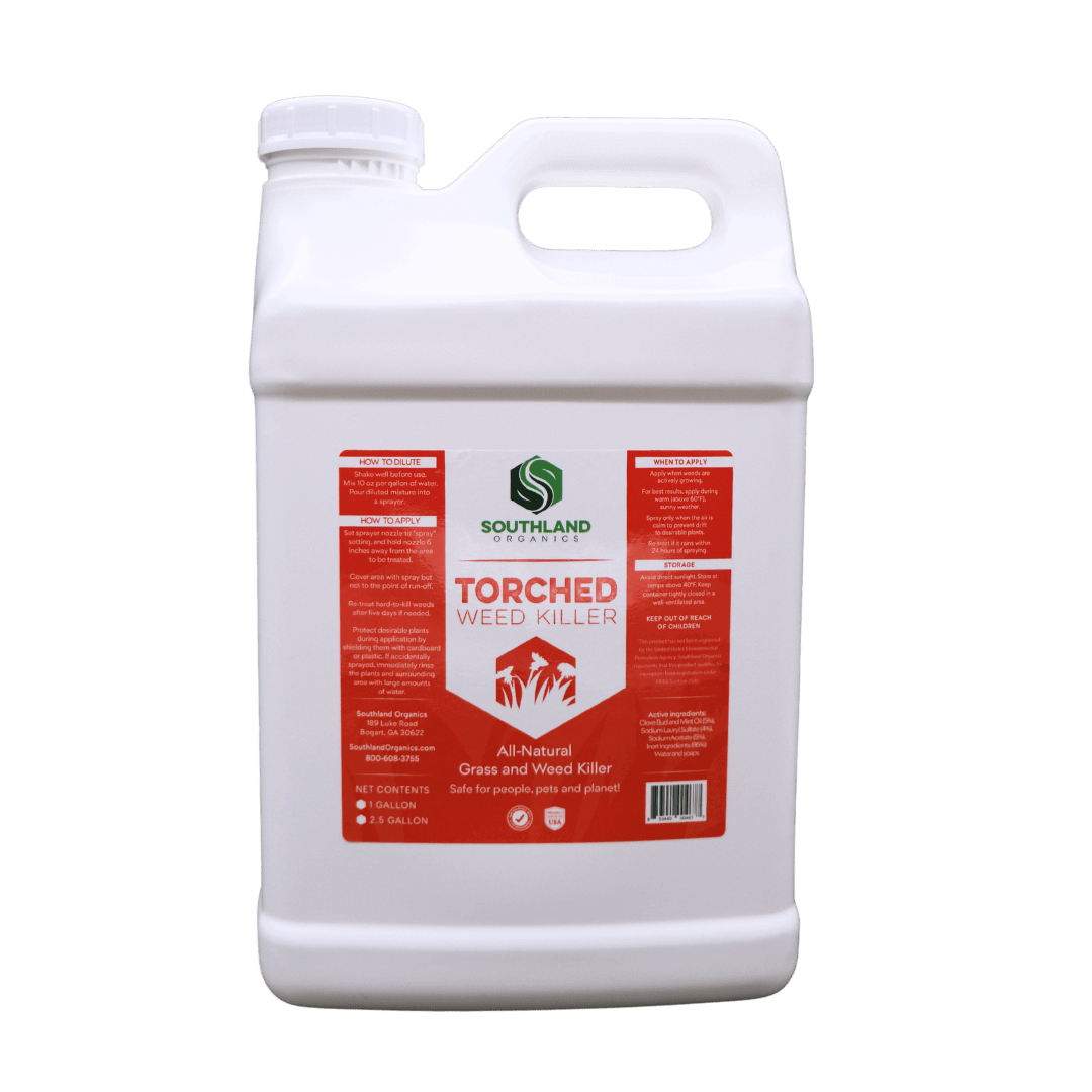 Southland Organics Torched All-Natural Weed Killer in a green and white container, available in multiple sizes.