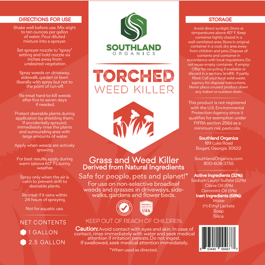 Southland Organics Torched All-Natural Weed Killer in a green and white container, available in multiple sizes.