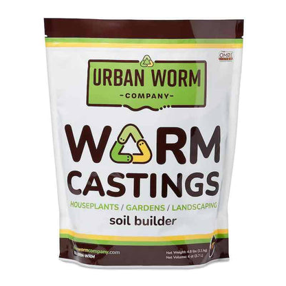 Organic worm castings soil amendment from Urban Worm Company in brown, available in 5, 10, and 15 lbs bags.