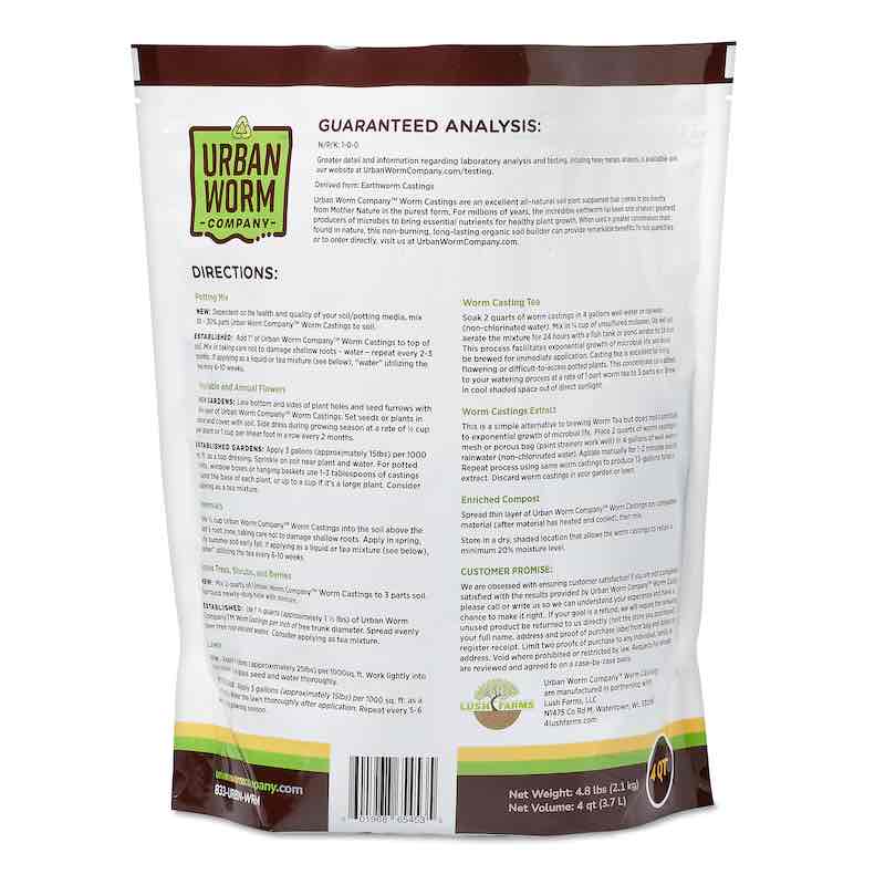 Urban Worm Company organic worm castings in black bag, eco-friendly soil amendment for gardening.
