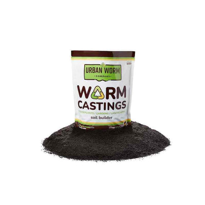 Urban Worm Company organic worm castings soil amendment, brown granules in a clear bag, eco-friendly gardening supply.