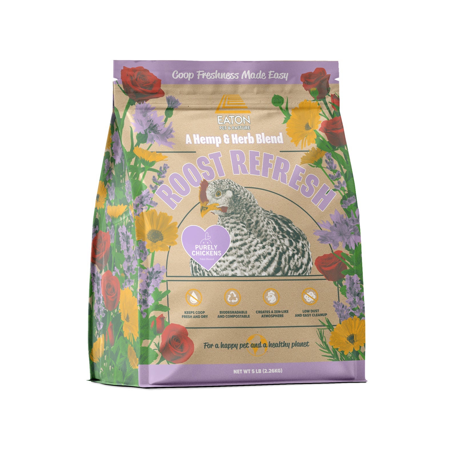 Roost Refresh Premium Hemp & Herb Coop Freshener, 5 LB bag decorated with flowers, for backyard chickens.
