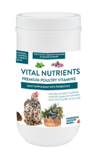 Vital Nutrients essential vitamin supplement for chickens and ducks in a white container with herbal illustrations.
