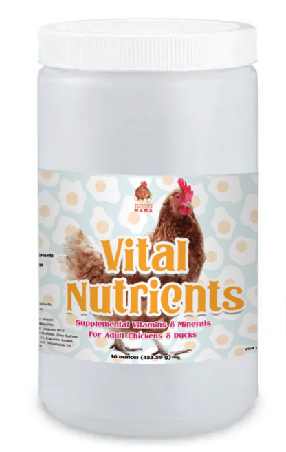 Container of Vital Nutrients herbal supplements for adult chickens, part of Dahlia Pets' winter chicken coop bundle.
