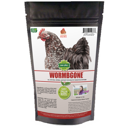 WormBGone natural herbs for chickens in a 10-ounce bag, featuring green calendula for parasite prevention.