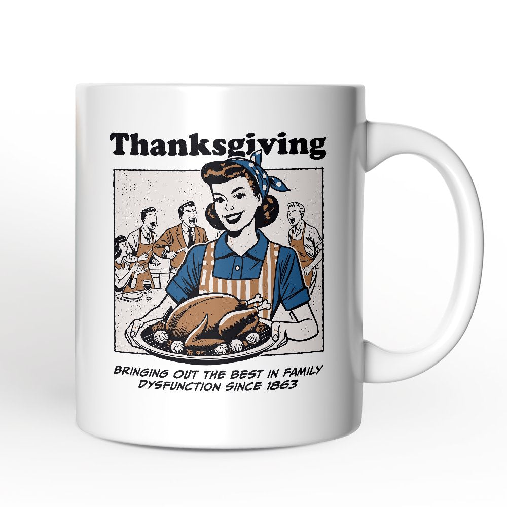 Taza retro personalizada con texto en inglés "Acción de Gracias por la Disfunción Familiar", regalo divertido y sarcástico con nombre personalizado.