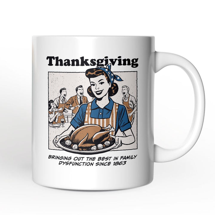 Taza retro personalizada con texto en inglés "Acción de Gracias por la Disfunción Familiar", regalo divertido y sarcástico con nombre personalizado.