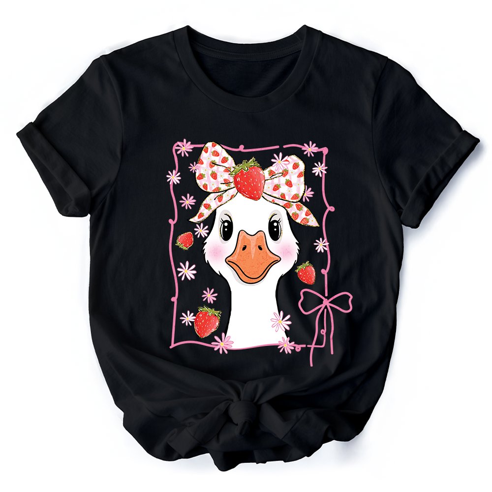Coquette Goose with Strawberry Bow T-Shirt, Navy, Black and White Cute Tee