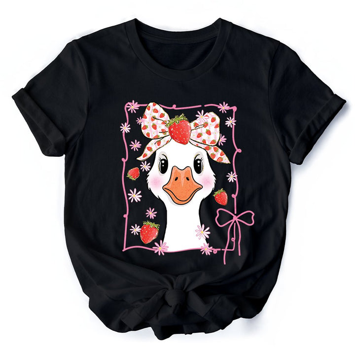 Coquette Goose with Strawberry Bow T-Shirt, Navy, Black and White Cute Tee