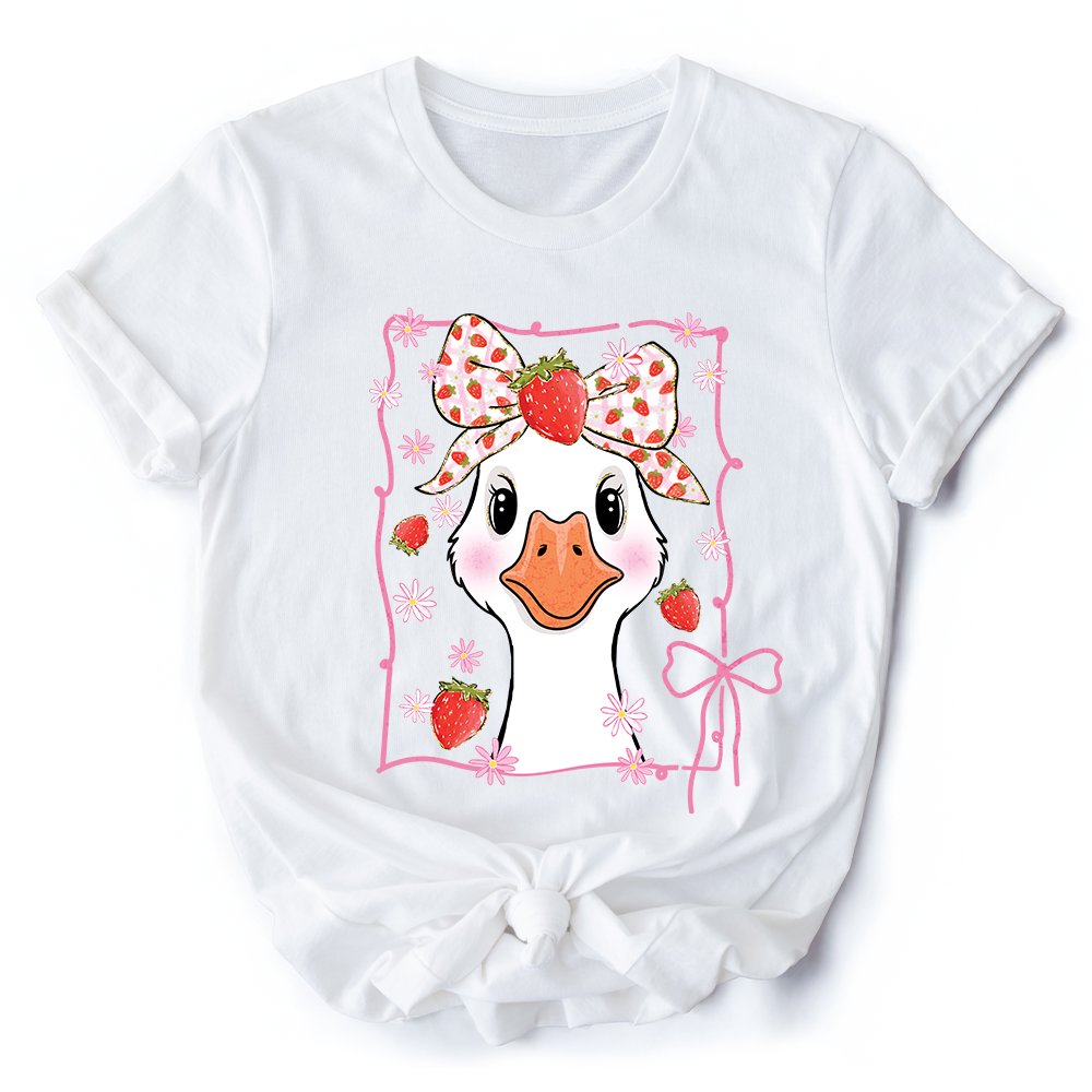 Coquette Goose with Strawberry Bow T-Shirt, Navy, Black and White Cute Tee