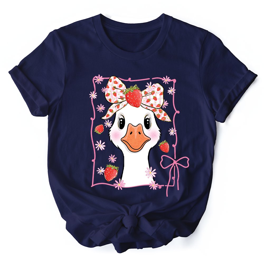 Coquette Goose with Strawberry Bow T-Shirt, Navy, Black and White Cute Tee