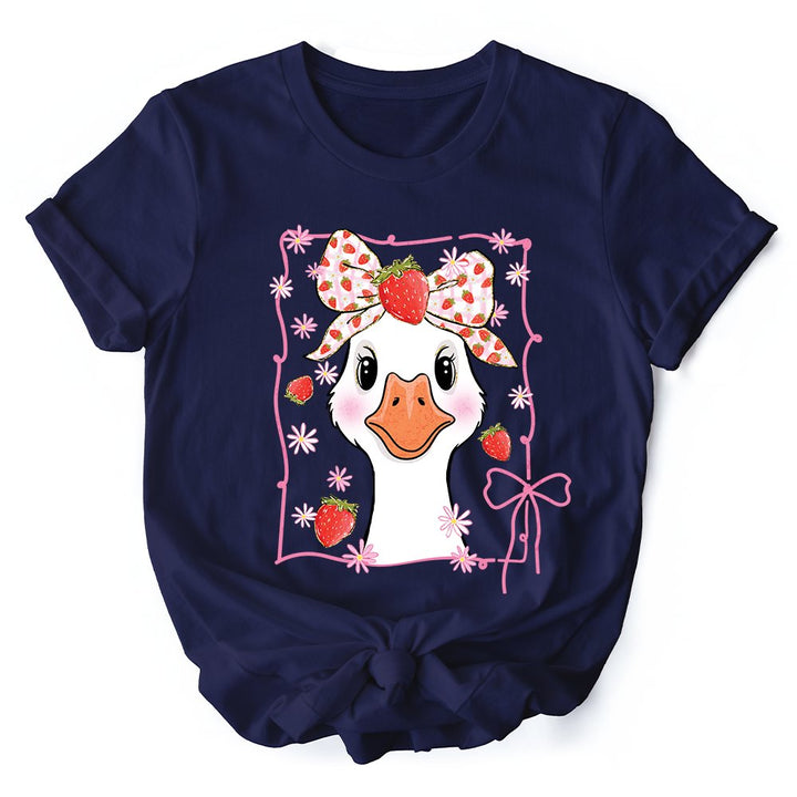 Coquette Goose with Strawberry Bow T-Shirt, Navy, Black and White Cute Tee