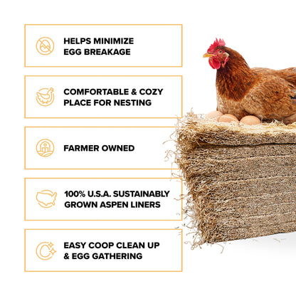 Premium aspen excelsior chicken nesting pads, 10-pack, providing cozy bedding for egg-laying in chicken coops.