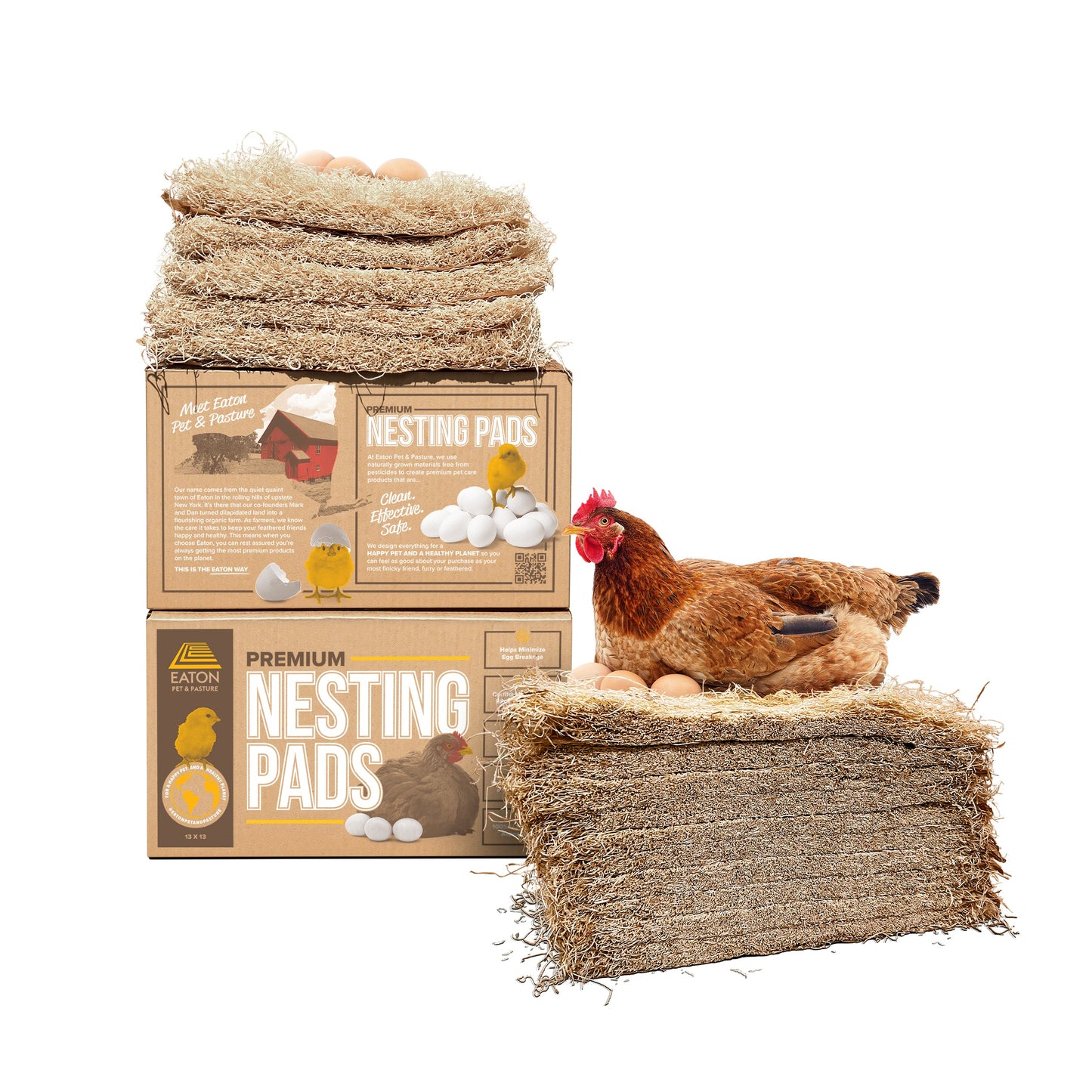 Premium aspen excelsior chicken nesting pads in a 10 pack by Eaton Pet and Pasture with eggs and a hen.