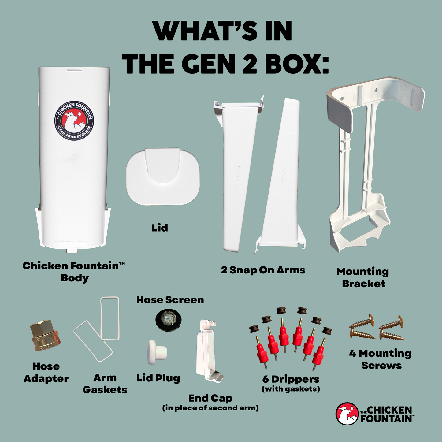 White Chicken Fountain Gen 2 automatic waterer components including body, lid, and accessories for backyard chickens.