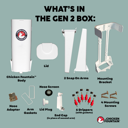 White Chicken Fountain Gen 2 automatic waterer components including body, lid, and accessories for backyard chickens.