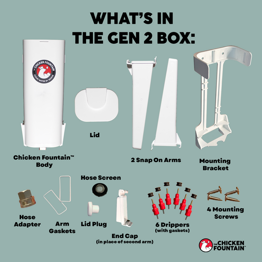 Automatic chicken waterer by The Chicken Fountain, featuring a wall-mounted design with multiple water outlets and blue tubi