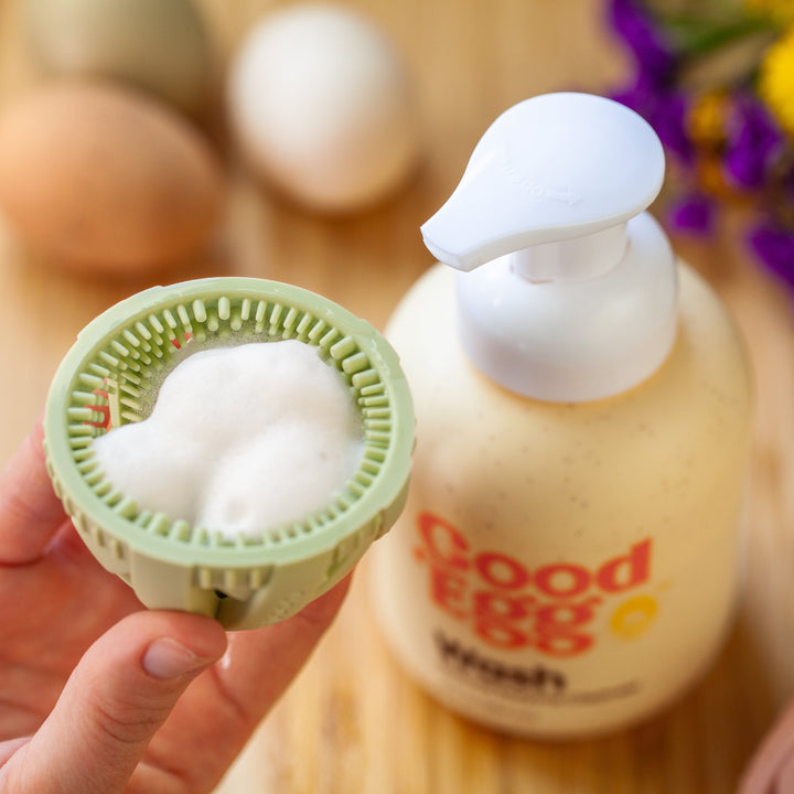 Complete egg cleaning kit with silicone brushes, organic wash set, and dual-size options by GoodEggStuff