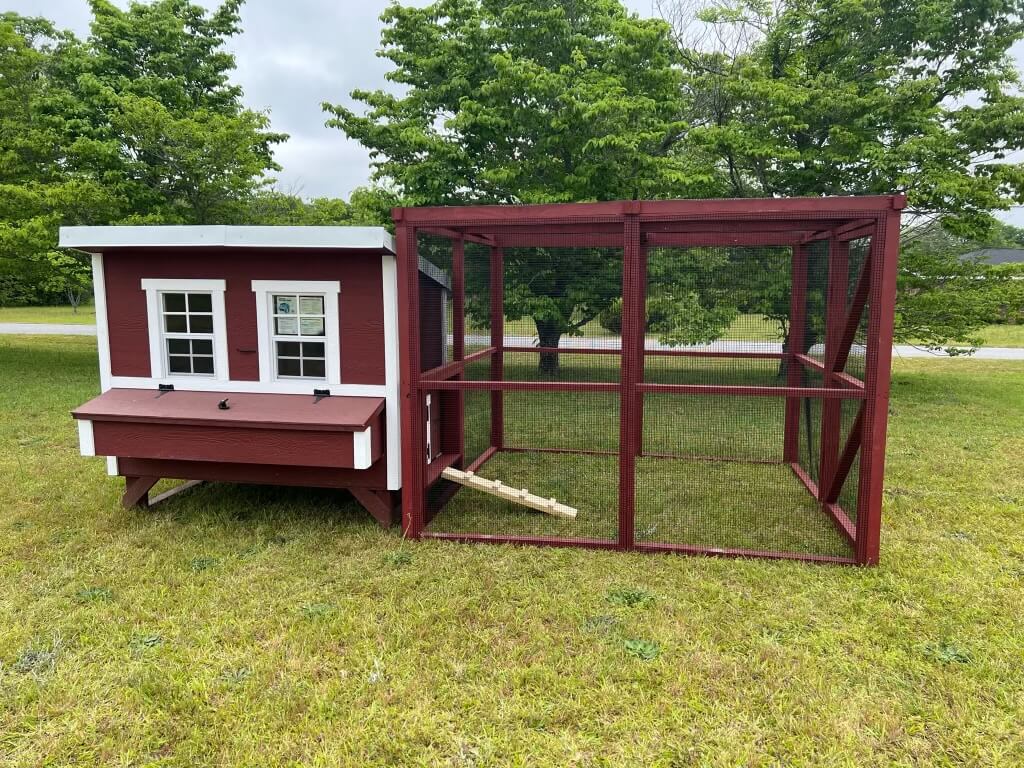 Red wooden 8x8 chicken run with yellow pine frame and 19-gauge wire mesh by OverEZ Chicken Coop
