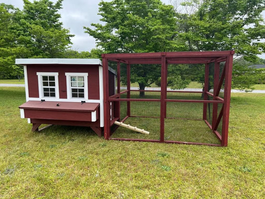 Red wooden 8x8 chicken run with yellow pine frame and 19-gauge wire mesh by OverEZ Chicken Coop