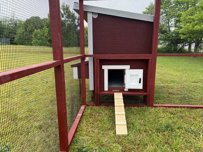 OverEZ 8x8 wooden chicken run with yellow pine frame, featuring a secure entrance and ramp, designed for backyard use.