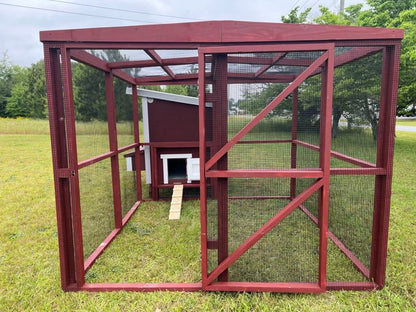 OverEZ 8x8 wooden chicken run with yellow pine frame and 19-gauge wire mesh, featuring red paint and ample space.
