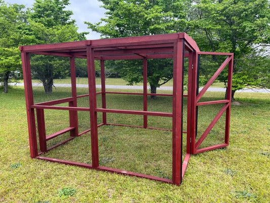 Red wooden 8x8 chicken run with yellow pine frame and 19-gauge wire mesh by OverEZ Chicken Coop
