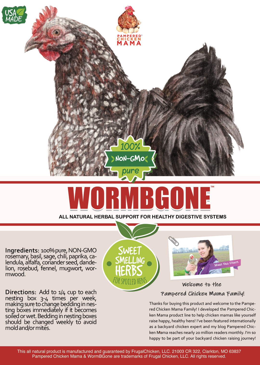 WormBGone natural anti-parasitic herbs for chickens in a clear pouch, 10 ounces, featuring calendula flowers