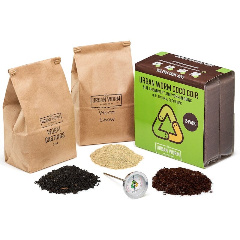 Urban Worm Complete Vermicomposting Starter Kit with worm castings, chow, coco coir bedding, and compost thermometer