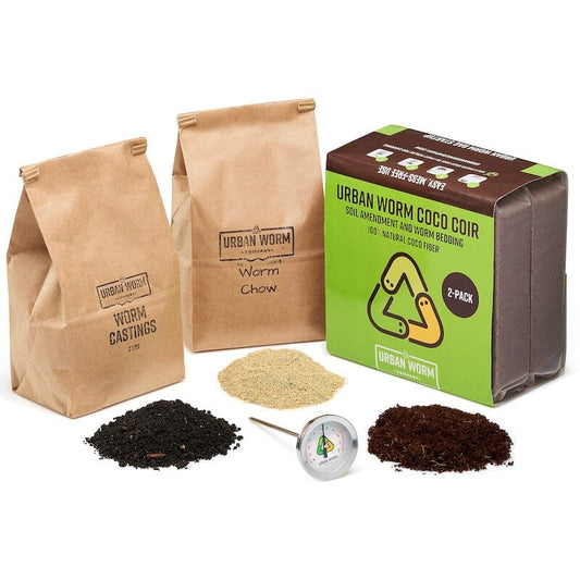 Urban Worm Complete Vermicomposting Starter Kit with worm castings, chow, coco coir bedding, and compost thermometer