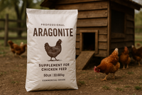 a feed bag called aragonite near a chicken coop, this will be a supplement product additive for chicken feed.