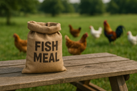 a small bag on a picnic table near an open field with chickens in the background. The small bag has the words fish meal on it.
