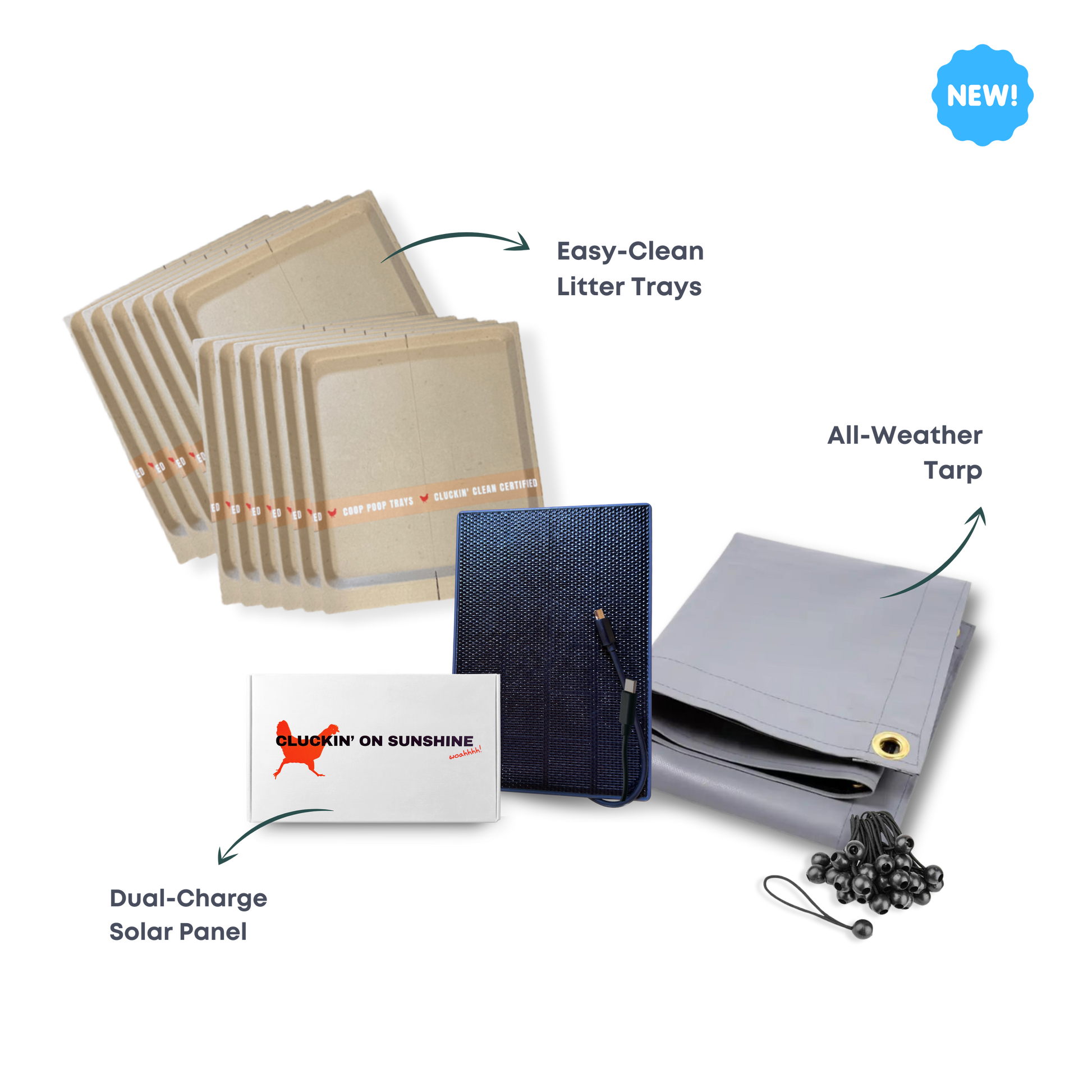 All-weather tarp and dual-charge solar panel kit from The Smart Coop for chicken coop accessories.