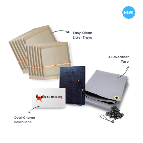 All-weather tarp and dual-charge solar panel kit from The Smart Coop for chicken coop accessories.