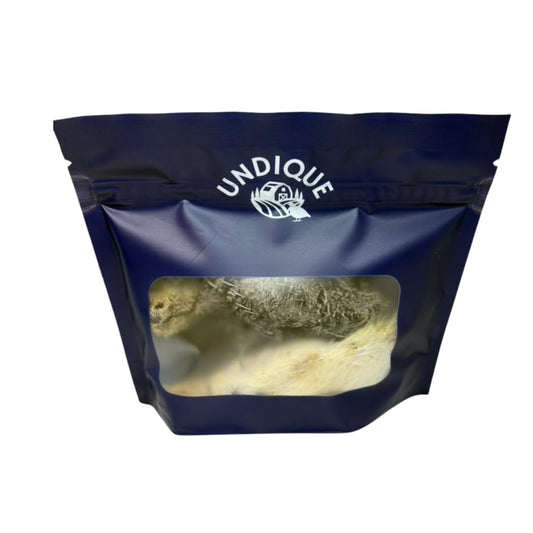 Whole quail chicks dog treats in a resealable blue bag, USA raised, hormone-free, three-count pack by Quailz.com.