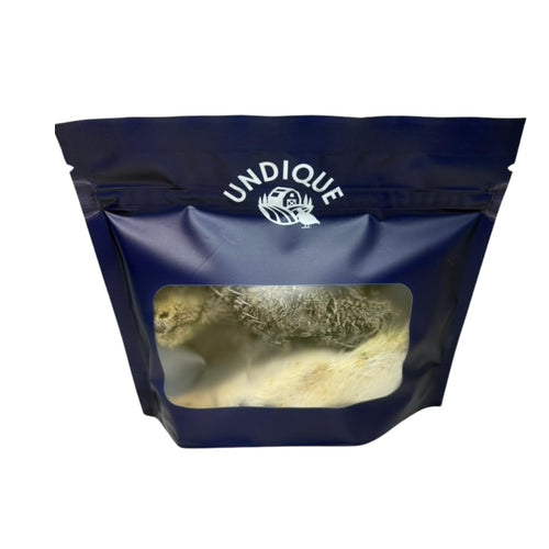 Whole quail chicks dog treats in a resealable blue bag, USA raised, hormone-free, three-count pack by Quailz.com.