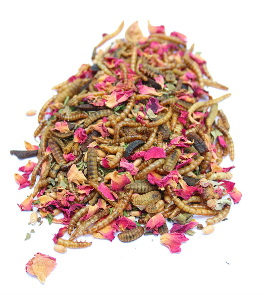 Herbal chicken treat mix with mealworms, wheat, and rose petals by Dahlia Pets, available in 4, 16, and 32-pound sizes.