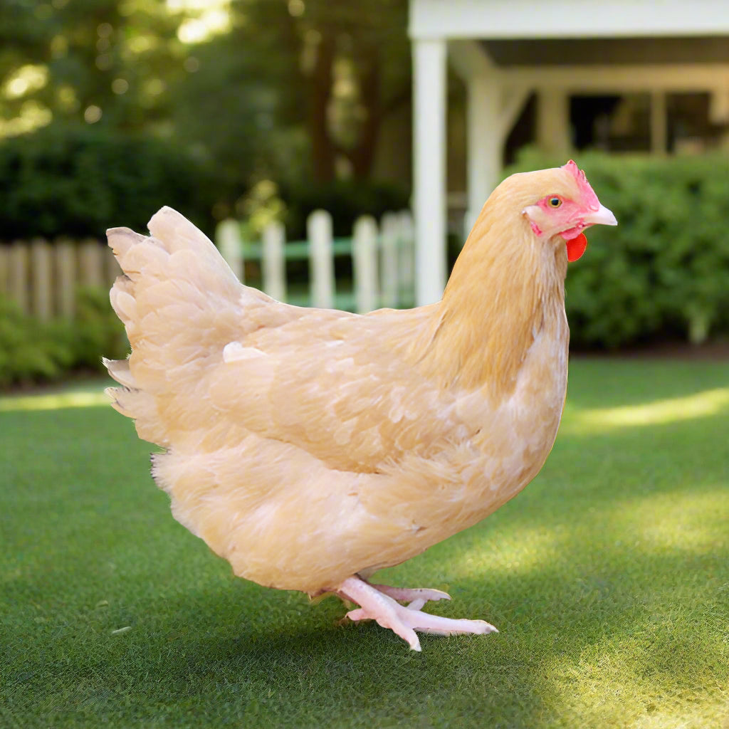 Buff Orpington chick with soft golden feathers, ideal for poultry enthusiasts; Az Chickens brand.