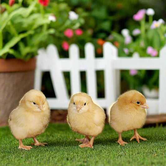 Buff Orpington chick with soft golden feathers, ideal for poultry enthusiasts; Az Chickens brand.