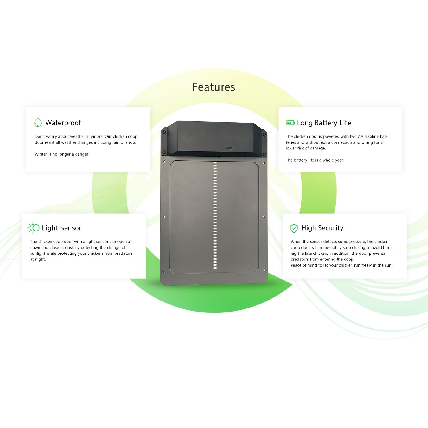 Aluminum automatic chicken coop door by My Pet Chicken, battery-powered with a sleek design.